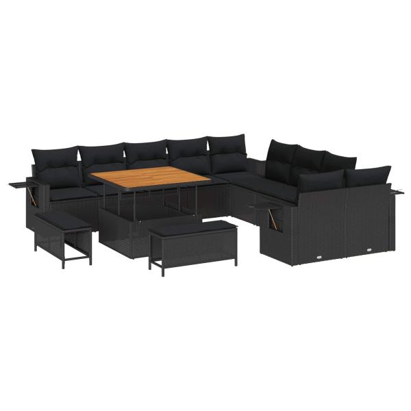 ARDEBO.de - 13-teiliges Garten Sofa Set mit Kissen Schwarz Poly Rattan Akazie, 3-teiliges Garten Esszimmer Set mit Kissen Schwarz Poly Rattan Akazie