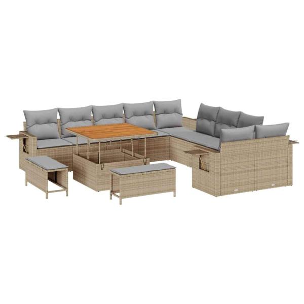 13-teiliges Garten Sofa Set mit Kissen Beige Poly Rattan Akazie, 3-teiliges Garten Essenset mit Kissen Beige Poly Rattan Akazie