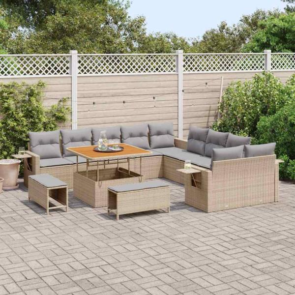 13-teiliges Garten Sofa Set mit Kissen Beige Poly Rattan Akazie, 3-teiliges Garten Essenset mit Kissen Beige Poly Rattan Akazie