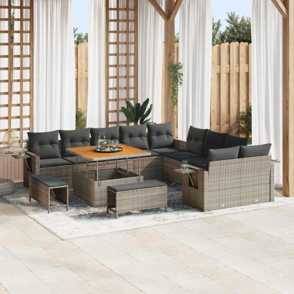 ARDEBO.de - 13-teiliges Garten Sofa Set mit Kissen Grau Poly Rattan Akazie, 3-teiliges Garten Essset mit Kissen Grau Poly Rattan Akazie