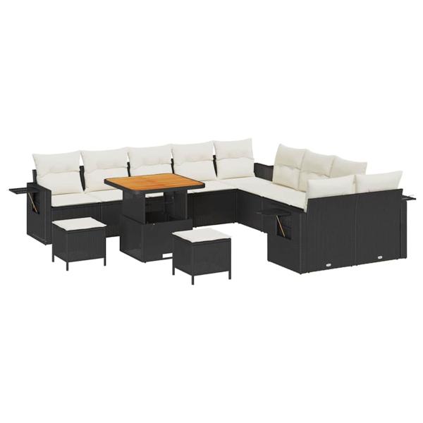 13-teiliges Garten-Sofa-Set mit Kissen Schwarz Poly-Rattan Akazie, 3-teiliges Garten-Dining-Set mit Kissen Schwarz Poly-Rattan Akazie