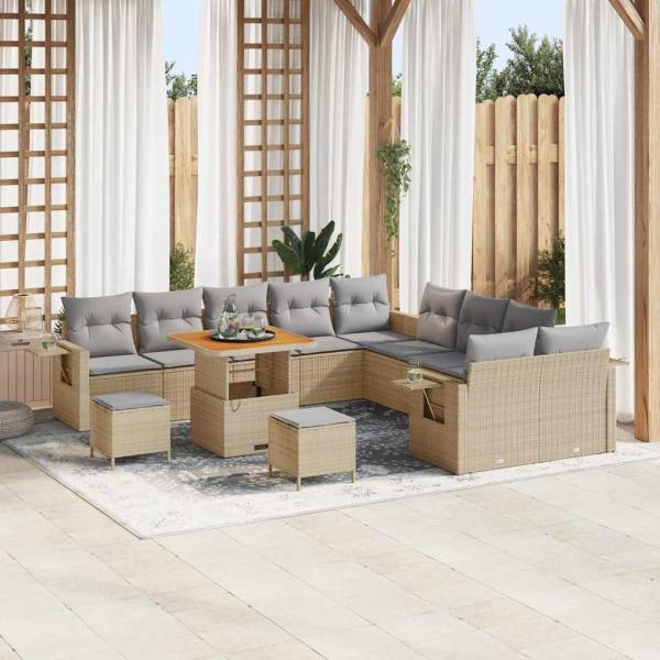 ARDEBO.de - 13-teiliges Garten Sofa Set mit Kissen Beige Poly Rattan Akazie, 3-teiliges Garten Esstisch Set mit Kissen Beige Poly Rattan Akazie