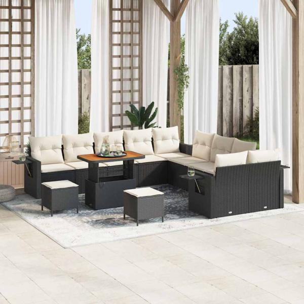 ARDEBO.de - 13-teiliges Garten Sofa Set mit Kissen Schwarz Poly Rattan Akazie, 3-teiliges Garten Esszimmer Set mit Kissen Schwarz Poly Rattan Akazie