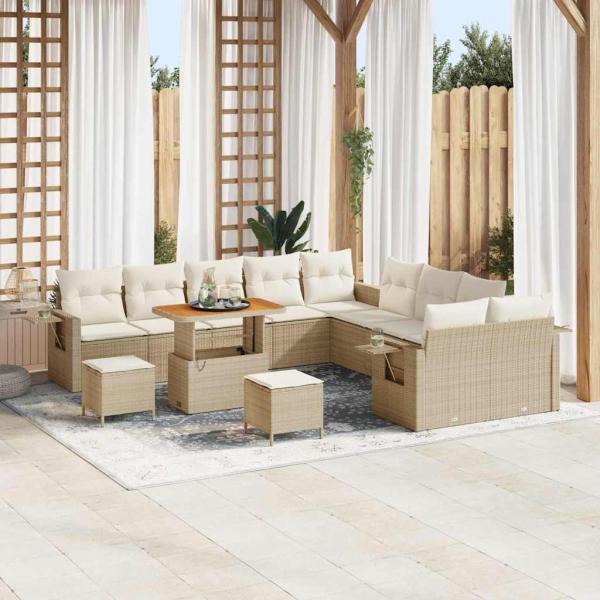 ARDEBO.de - 13-teiliges Garten-Sofa-Set mit Kissen Beige Poly-Rattan Akazie, 3-teiliges Garten-Ess-Set mit Kissen Beige Poly-Rattan Akazie