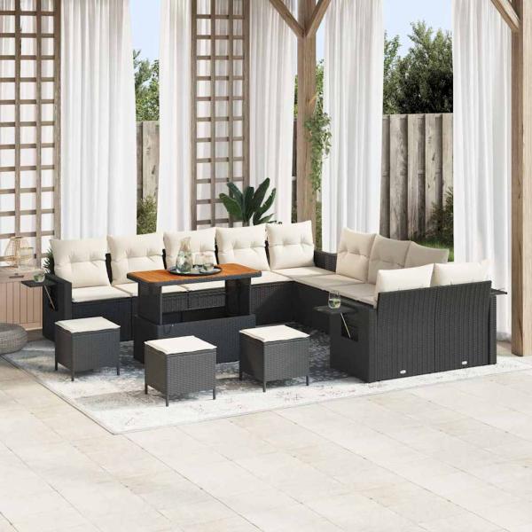ARDEBO.de - 14-teiliges Garten Sofa Set mit Kissen Schwarz Poly Rattan Akazie, 4-teiliges Garten Essset mit Kissen Schwarz Poly Rattan Akazie