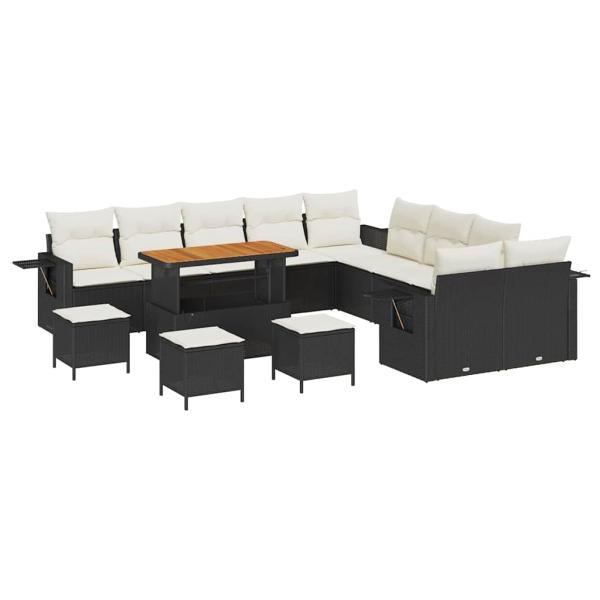 14-teiliges Garten Sofa Set mit Kissen Schwarz Poly Rattan Akazie, 4-teiliges Garten Essset mit Kissen Schwarz Poly Rattan Akazie