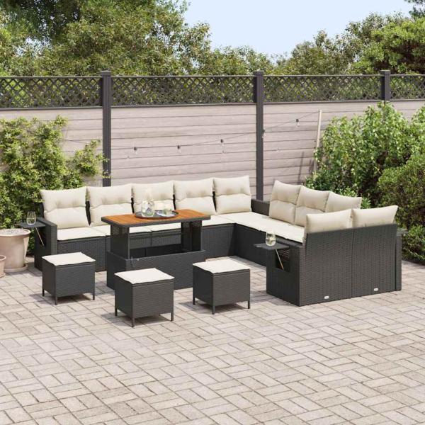 14-teiliges Garten Sofa Set mit Kissen Schwarz Poly Rattan Akazie, 4-teiliges Garten Essset mit Kissen Schwarz Poly Rattan Akazie