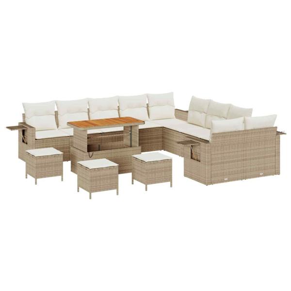14-teiliges Garten Sofa Set mit Kissen Beige Poly Rattan Akazie, 4-teiliges Garten Esstisch-Set mit Kissen Beige Poly Rattan Akazie