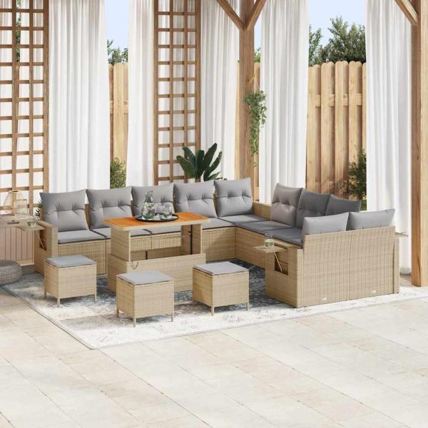ARDEBO.de - 14-teiliges Garten-Sofa-Set mit Kissen Beige Poly Rattan Akazie, 4-teiliges Garten-Ess-Set mit Kissen Beige Poly Rattan Akazie