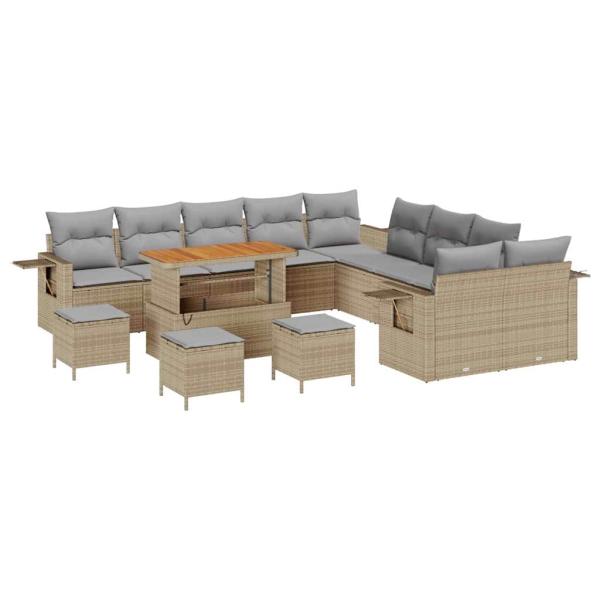 14-teiliges Garten-Sofa-Set mit Kissen Beige Poly Rattan Akazie, 4-teiliges Garten-Ess-Set mit Kissen Beige Poly Rattan Akazie
