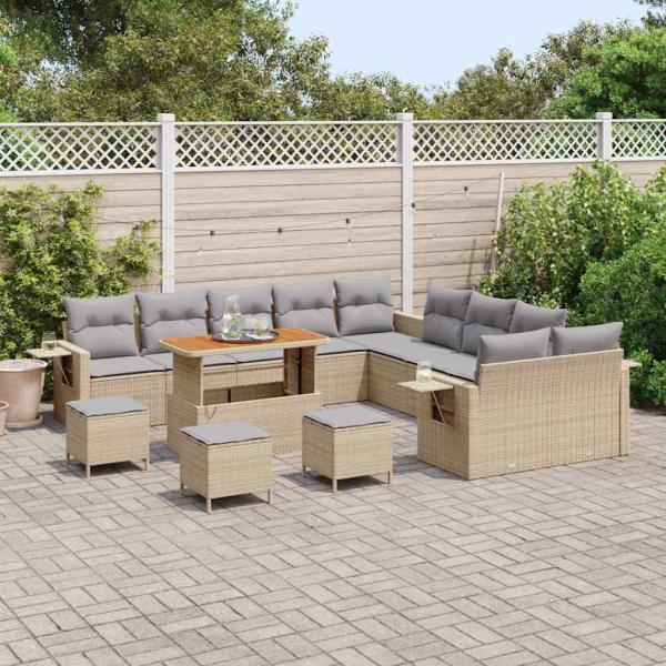 14-teiliges Garten-Sofa-Set mit Kissen Beige Poly Rattan Akazie, 4-teiliges Garten-Ess-Set mit Kissen Beige Poly Rattan Akazie