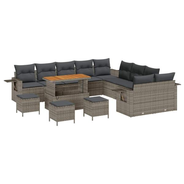 14-teiliges Garten Sofa Set mit Kissen Grau Poly Rattan Akazie, 4-teiliges Garten Esstisch Set mit Kissen Grau Poly Rattan Akazie