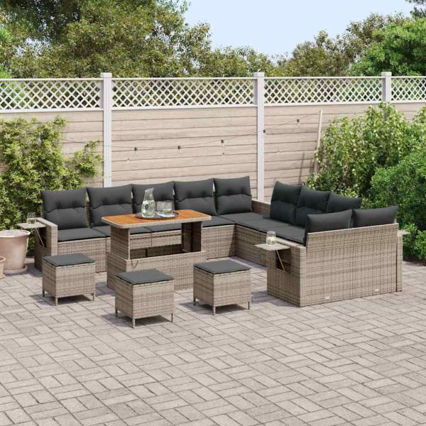 14-teiliges Garten Sofa Set mit Kissen Grau Poly Rattan Akazie, 4-teiliges Garten Esstisch Set mit Kissen Grau Poly Rattan Akazie