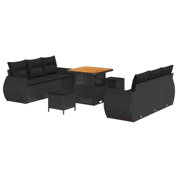 9-teiliges Garten Sofa Set mit Kissen Schwarzes Poly Rattan Akazie, 3-teiliges Garten Esszimmer Set mit Kissen Schwarzes Poly Rattan Akazie