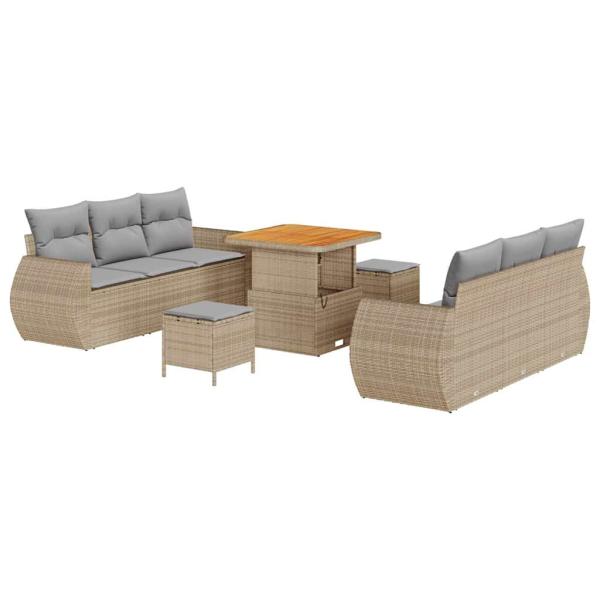 9-teiliges Garten-Sofa-Set mit Kissen Beige Poly-Rattan Akazie, 3-teiliges Garten-Essgruppe mit Kissen Beige Poly-Rattan Akazie