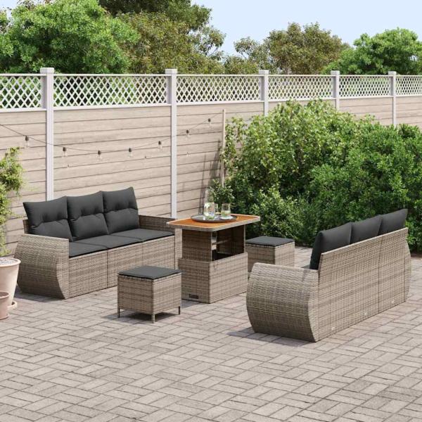 9-teilige Garten Sofa Set mit Kissen Grau Poly Rattan Akazie, 3-teilige Garten Essgruppe mit Kissen Grau Poly Rattan Akazie