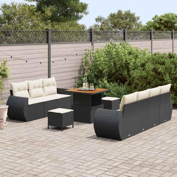 10-teiliges Garten-Sofaset mit Kissen Schwarz Poly-Rattan Akazie, 3-teiliges Garten-Essset mit Kissen Schwarz Poly-Rattan Akazie