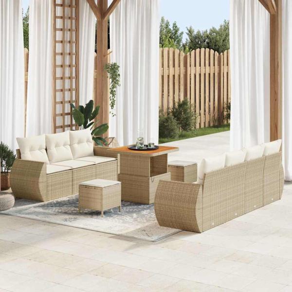 ARDEBO.de - 10-teiliges Garten Sofa Set mit Kissen Beige Poly Rattan Akazie, 3-teiliges Garten Esszimmer Set mit Kissen Beige Poly Rattan Akazie