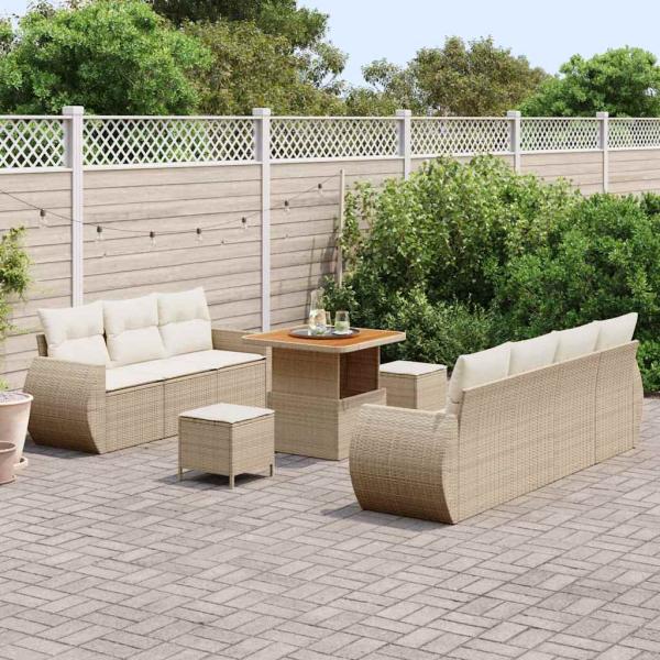 10-teiliges Garten Sofa Set mit Kissen Beige Poly Rattan Akazie, 3-teiliges Garten Esszimmer Set mit Kissen Beige Poly Rattan Akazie