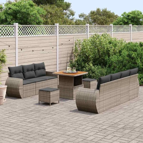 10-teiliges Garten-Sofa-Set mit Kissen Grau Poly-Rattan Akazie, 3-teiliges Garten-Esszimmer-Set mit Kissen Grau Poly-Rattan Akazie