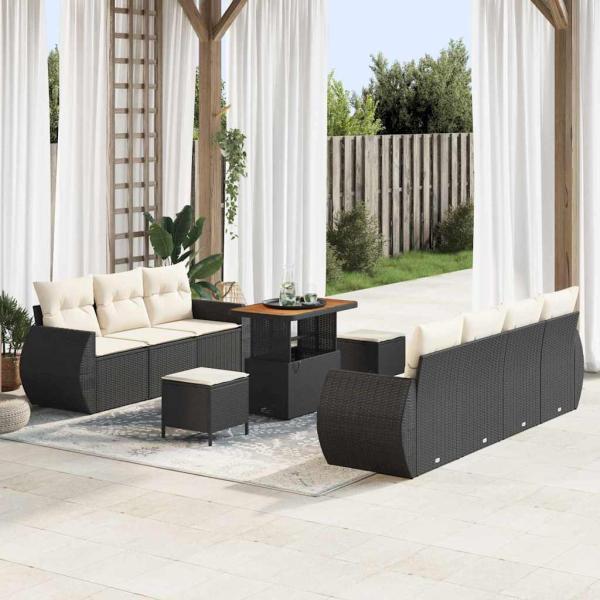 ARDEBO.de - 10-teiliges Garten-Sofa-Set mit Kissen Schwarz Poly-Rattan Akazie, 3-teiliges Garten-Ess-Set mit Kissen Schwarz Poly-Rattan Akazie