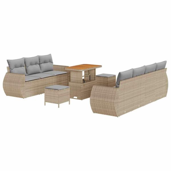 10-teiliges Garten-Sofa-Set mit Kissen Beige Poly Rattan Akazie, 3-teiliges Garten-Esszimmer-Set mit Kissen Beige Poly Rattan Akazie