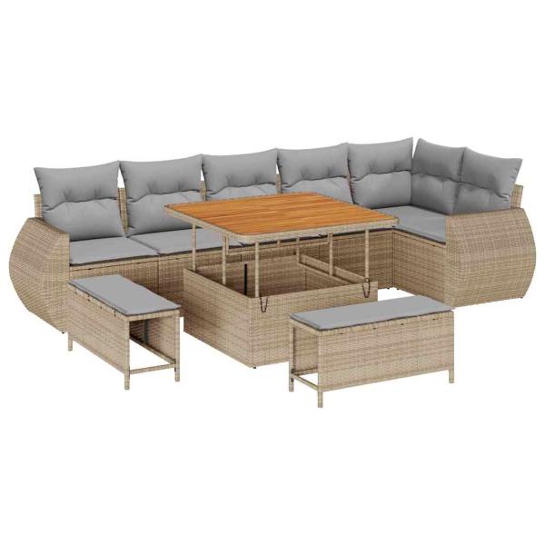 9-teiliges Garten Sofa Set mit Kissen Beige Poly Rattan Akazie, 3-teiliges Garten Essensemble mit Kissen Beige Poly Rattan Akazie
