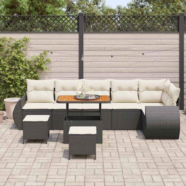 9-teiliges Garten Sofaset mit Kissen Schwarz Poly Rattan Akazie, 3-teiliges Garten Esstischset mit Kissen Schwarz Poly Rattan Akazie