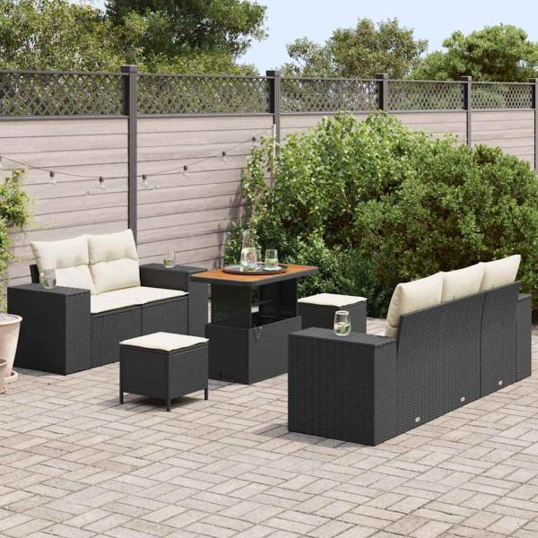 8-teiliges Garten-Sofa-Set mit Kissen Schwarz Poly-Rattan Akazie, 3-teiliges Garten-Dining-Set mit Kissen Schwarz Poly-Rattan Akazie