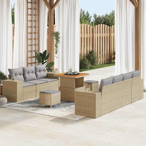 ARDEBO.de - 10-teiliges Garten-Sofa-Set mit Kissen Beige Poly-Rattan Akazie, 3-teiliges Garten-Ess-Set mit Kissen Beige Poly-Rattan Akazie