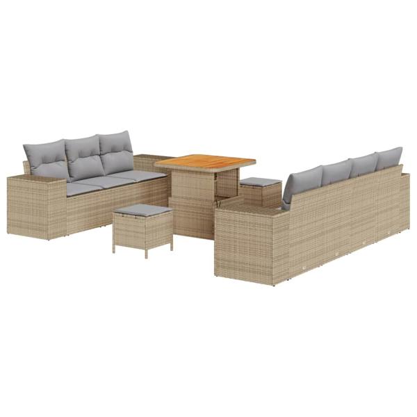 10-teiliges Garten-Sofa-Set mit Kissen Beige Poly-Rattan Akazie, 3-teiliges Garten-Ess-Set mit Kissen Beige Poly-Rattan Akazie