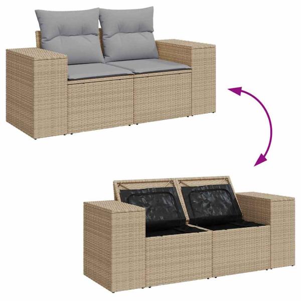 10-teiliges Garten-Sofa-Set mit Kissen Beige Poly-Rattan Akazie, 3-teiliges Garten-Ess-Set mit Kissen Beige Poly-Rattan Akazie