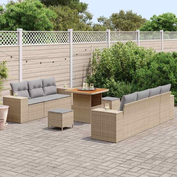 10-teiliges Garten-Sofa-Set mit Kissen Beige Poly-Rattan Akazie, 3-teiliges Garten-Ess-Set mit Kissen Beige Poly-Rattan Akazie