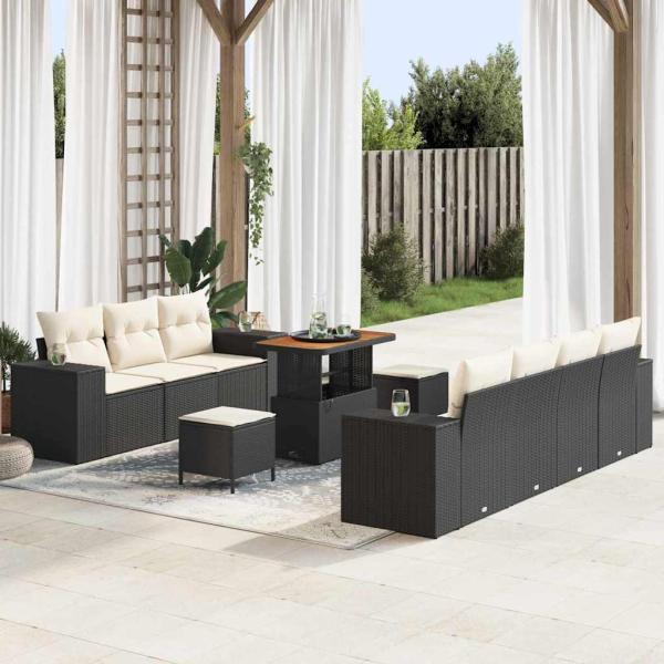 ARDEBO.de - 10-teiliges Garten Sofaset mit Kissen Schwarz Poly Rattan Akazie, 3-teiliges Garten Essset mit Kissen Schwarz Poly Rattan Akazie