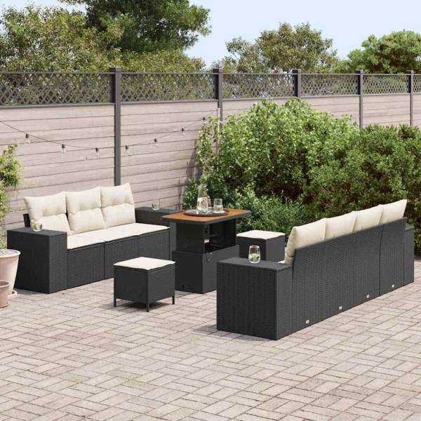 10-teiliges Garten Sofaset mit Kissen Schwarz Poly Rattan Akazie, 3-teiliges Garten Essset mit Kissen Schwarz Poly Rattan Akazie