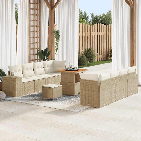 ARDEBO.de - 11-teiliges Garten Sofa Set mit Kissen Beige Poly Rattan Akazie, 3-teiliges Garten Essset mit Kissen Beige Poly Rattan Akazie