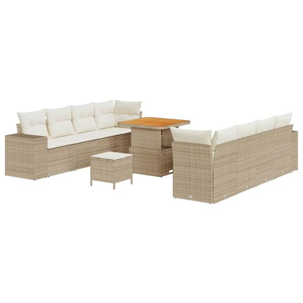 11-teiliges Garten Sofa Set mit Kissen Beige Poly Rattan Akazie, 3-teiliges Garten Essset mit Kissen Beige Poly Rattan Akazie