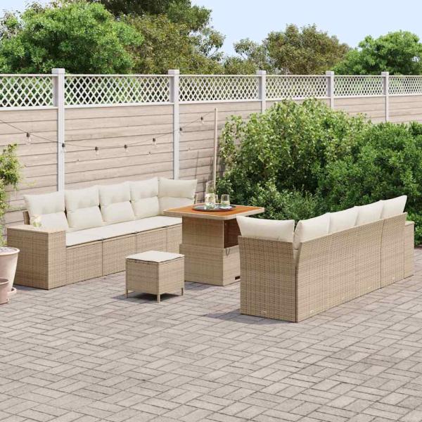 11-teiliges Garten Sofa Set mit Kissen Beige Poly Rattan Akazie, 3-teiliges Garten Essset mit Kissen Beige Poly Rattan Akazie
