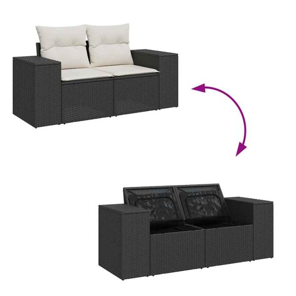 11-teiliges Garten Sofa Set mit Kissen, schwarzes Poly Rattan, Akazie, 3-teiliges Garten Essset mit Kissen, schwarzes Poly Rattan, Akazie