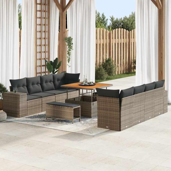 ARDEBO.de - 11-teiliges Garten Sofa Set mit Kissen Grau Poly Rattan Akazie, 3-teiliges Garten Esszimmer Set mit Kissen Grau Poly Rattan Akazie
