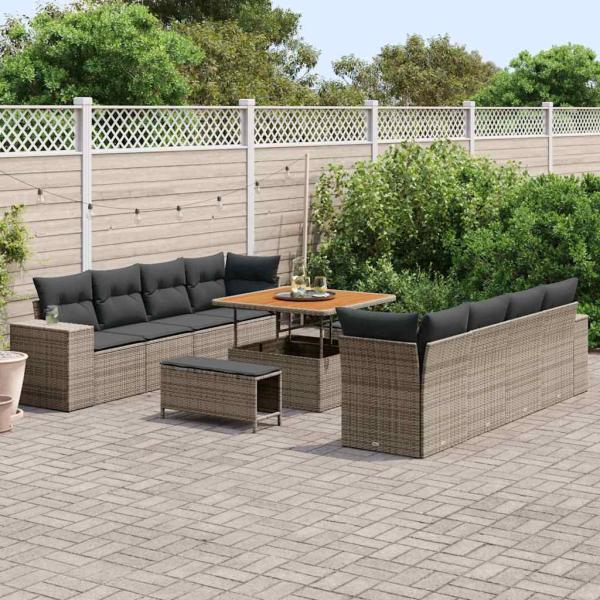 11-teiliges Garten Sofa Set mit Kissen Grau Poly Rattan Akazie, 3-teiliges Garten Esszimmer Set mit Kissen Grau Poly Rattan Akazie