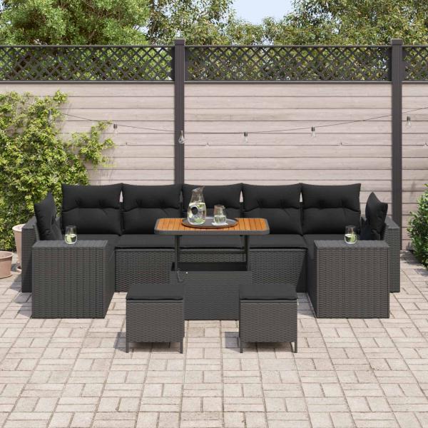 10-teiliges Garten-Sofaset mit Kissen Schwarzes Poly-Rattan Akazie, 3-teiliges Garten-Essset mit Kissen Schwarzes Poly-Rattan Akazie