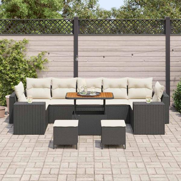 10-teiliges Garten Sofa Set mit Kissen Schwarz Poly Rattan Akazie, 3-teiliges Garten Essgruppe mit Kissen Schwarz Poly Rattan Akazie