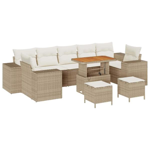 10-teiliges Garten Sofa Set mit Kissen Beige Poly Rattan Akazie, 3-teiliges Garten Essset mit Kissen Beige Poly Rattan Akazie