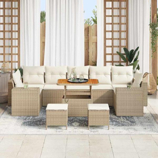 10-teiliges Garten Sofa Set mit Kissen Beige Poly Rattan Akazie, 3-teiliges Garten Essset mit Kissen Beige Poly Rattan Akazie