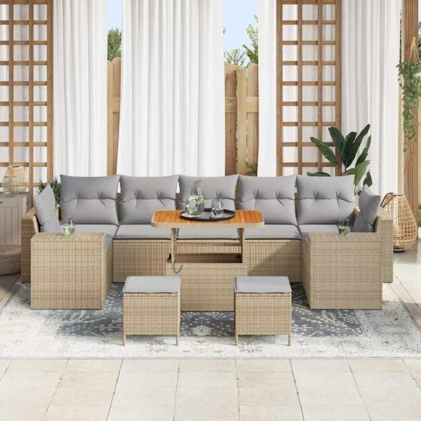 10-teiliges Garten Sofa Set mit Kissen Beige Poly Rattan Akazie, 3-teiliges Garten Essenset mit Kissen Beige Poly Rattan Akazie