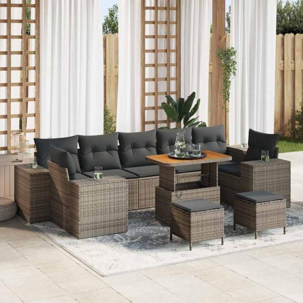 ARDEBO.de - 10-teiliges Garten Sofaset mit Kissen Grau Poly Rattan Akazie, 3-teiliges Garten Essensemble mit Kissen Grau Poly Rattan Akazie