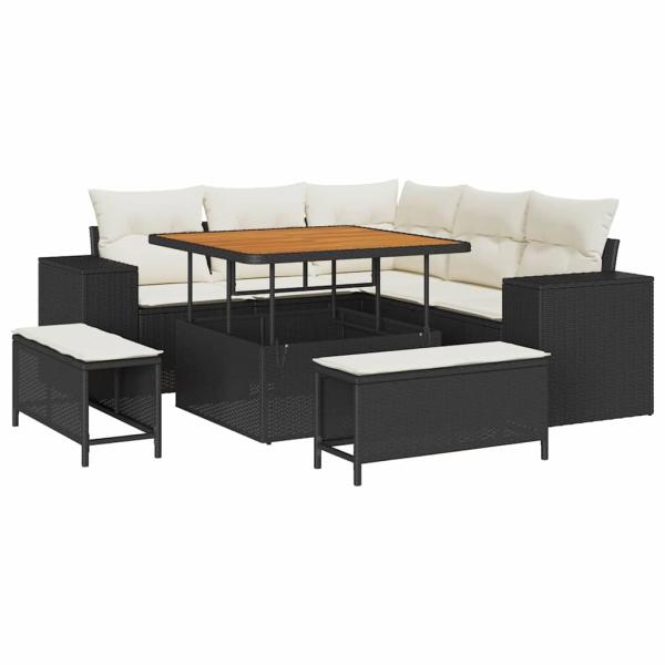 8-teiliges Garten Sofa Set mit Kissen Schwarz Poly Rattan Akazie, 3-teiliges Garten Essset mit Kissen Schwarz Poly Rattan Akazie