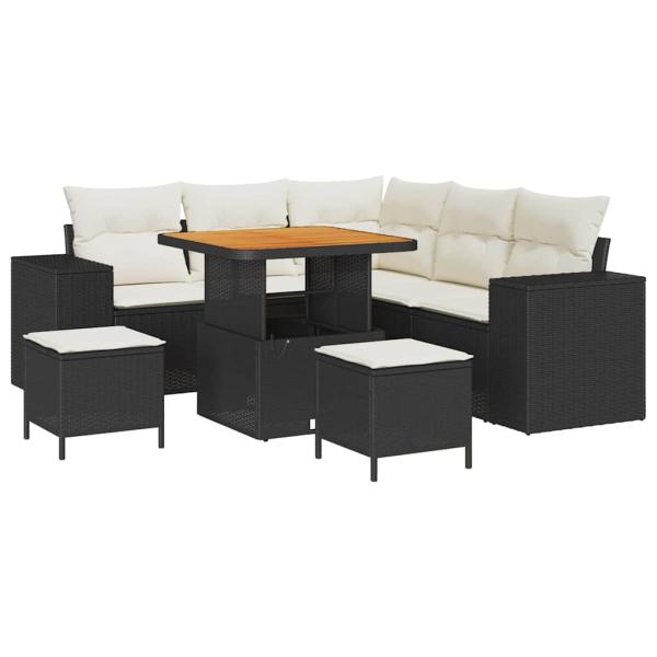 8-teiliges Garten Sofa Set mit Kissen Schwarz Poly Rattan Akazie, 3-teiliges Garten Esszimmer Set mit Kissen Schwarz Poly Rattan Akazie