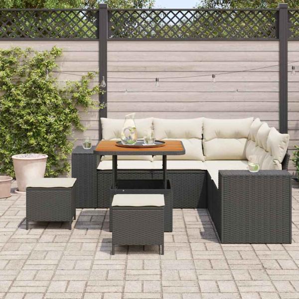 8-teiliges Garten Sofa Set mit Kissen Schwarz Poly Rattan Akazie, 3-teiliges Garten Esszimmer Set mit Kissen Schwarz Poly Rattan Akazie